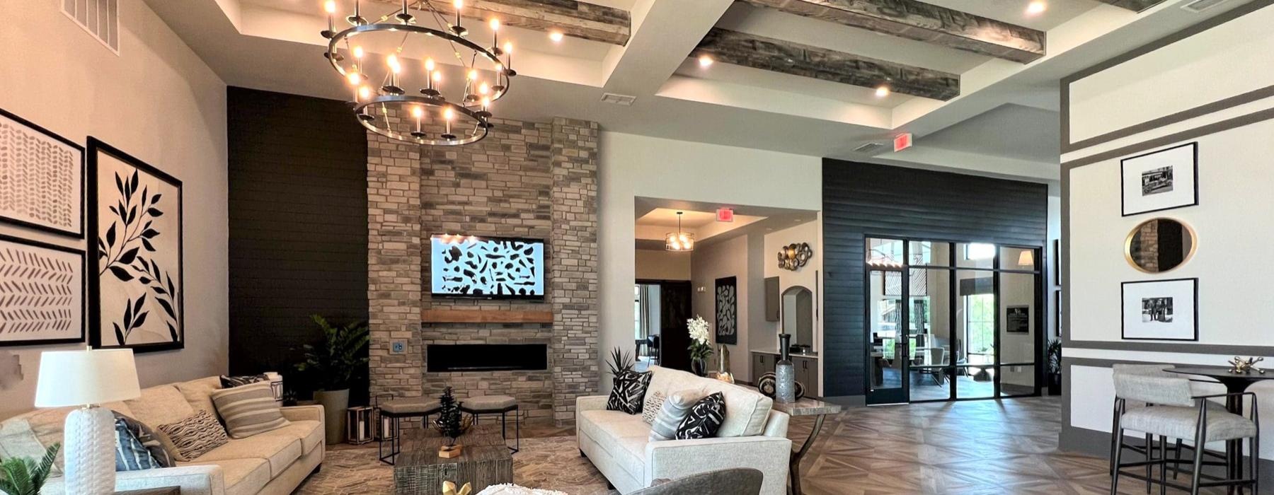 a large room with a fireplace