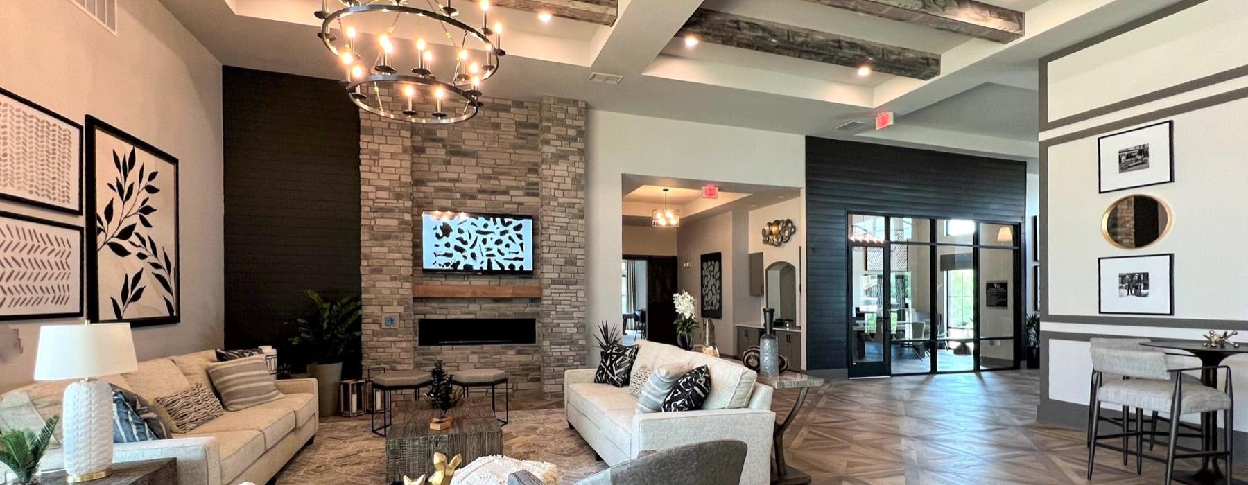 a large room with a fireplace