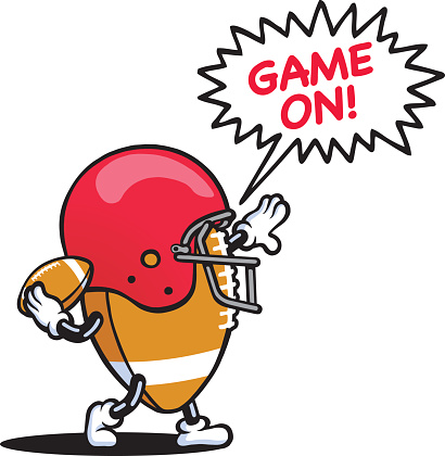 Cartoon football wearing a football helmet saying game on