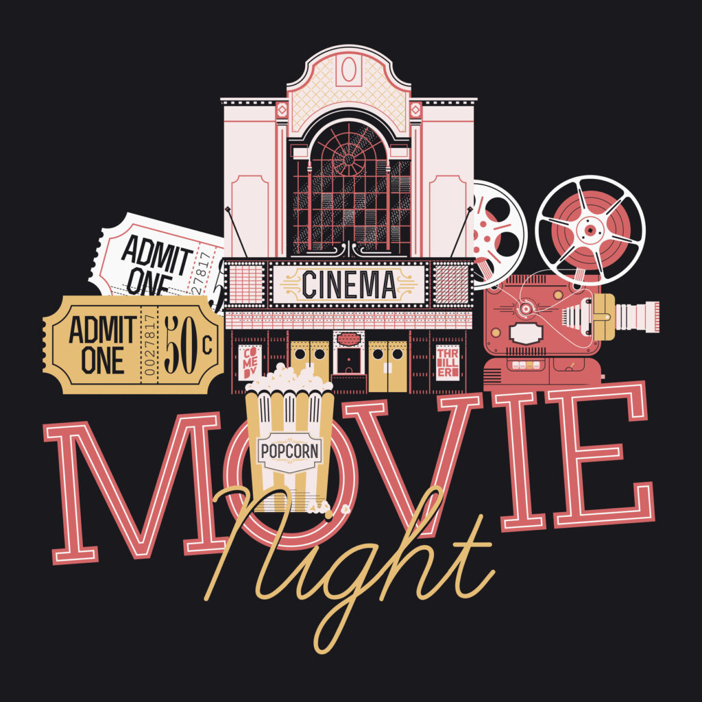 Cool vector web banner or graphic design element on Movie Night event with detailed retro motion picture film projector, admit one cinema theater tickets, popcorn and beautiful theater building facade